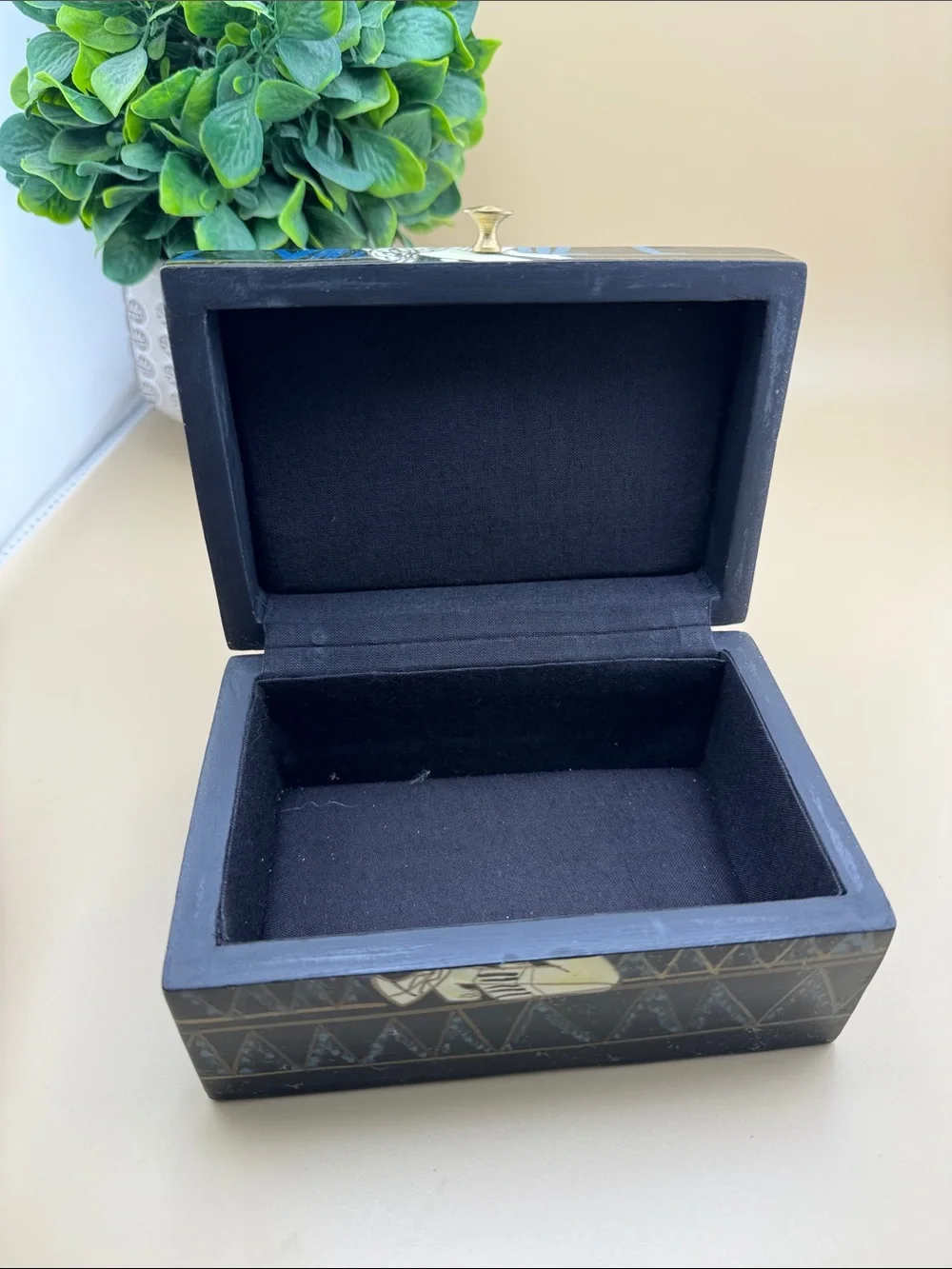 Vintage Hand Painted Wooden Jewelry Box Blue Black Asian Art Trinket Box